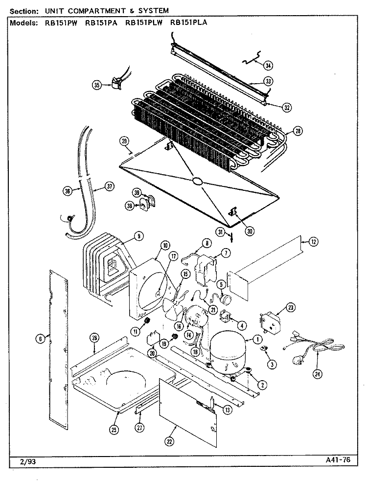 UNIT COMPARTMENT & SYSTEM Diagram and Parts List for RB151PW DG01A Magic Chef Refrigerator