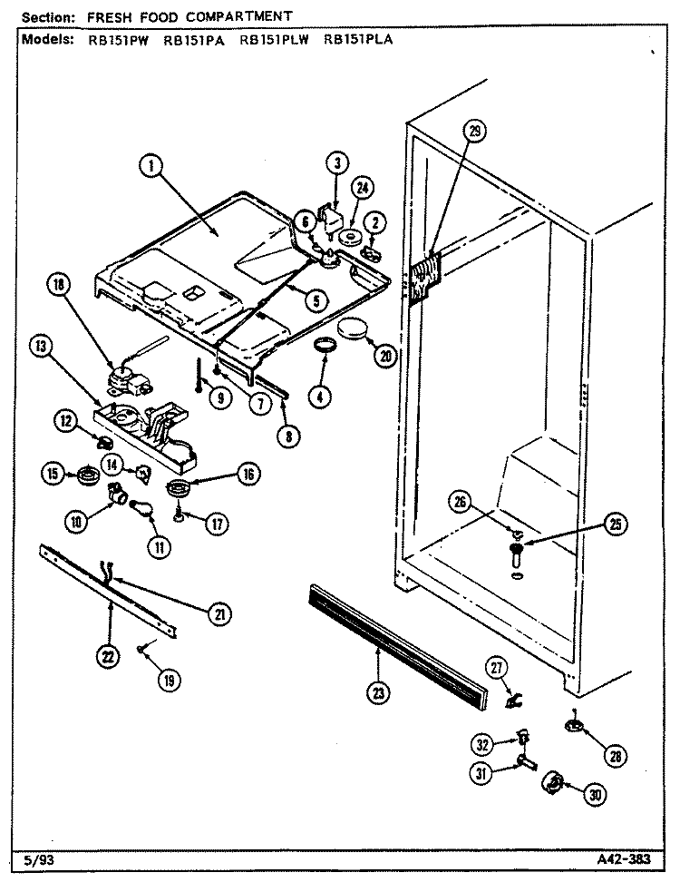 FRESH FOOD COMPARTMENT Diagram and Parts List for RB151PW DG01A Magic Chef Refrigerator