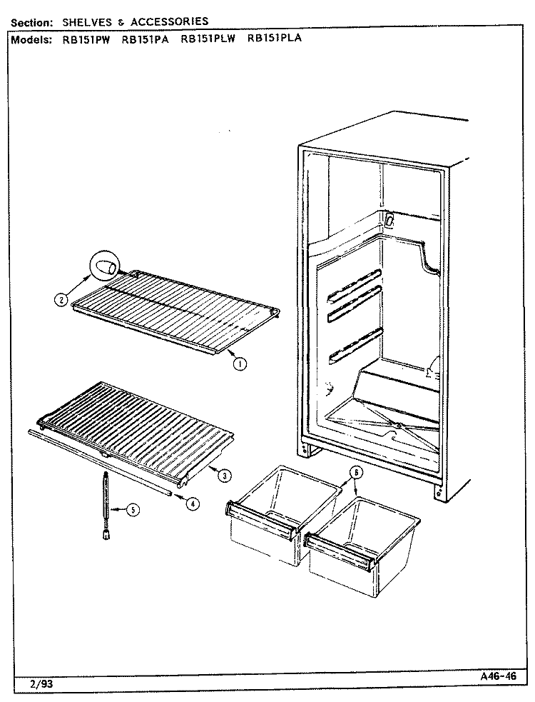 SHELVES & ACCESSORIES Diagram and Parts List for RB151PW DG01A Magic Chef Refrigerator