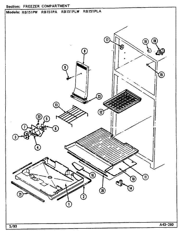 FREEZER COMPARTMENT Diagram and Parts List for RB151PW DG01A Magic Chef Refrigerator