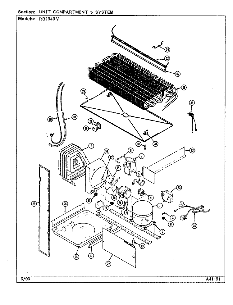 UNIT COMPARTMENT & SYSTEM Diagram and Parts List for RB194RV DG68A Magic Chef Refrigerator