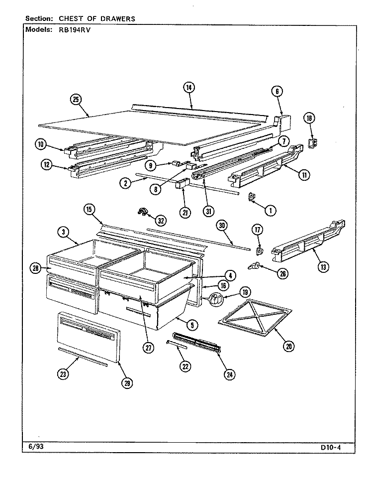 CHEST OF DRAWERS Diagram and Parts List for RB194RV DG68A Magic Chef Refrigerator