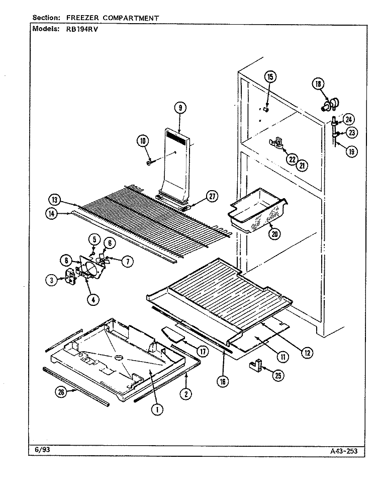 FREEZER COMPARTMENT Diagram and Parts List for RB194RV DG68A Magic Chef Refrigerator