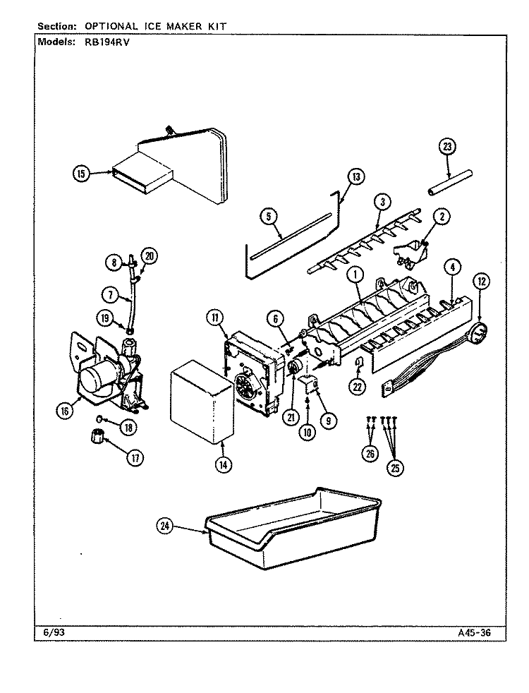 OPTIONAL ICE MAKER KIT Diagram and Parts List for RB194RV DG68A Magic Chef Refrigerator