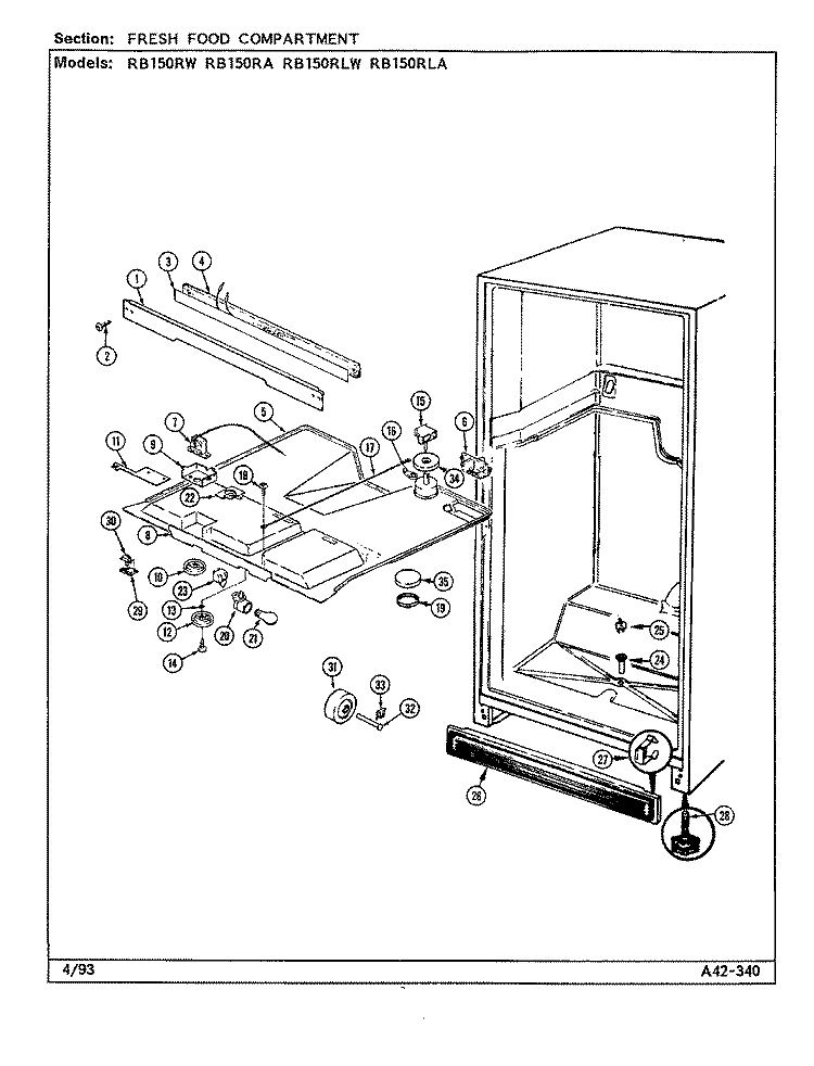 FRESH FOOD COMPARTMENT Diagram and Parts List for RB150RA DG16A Magic Chef Refrigerator