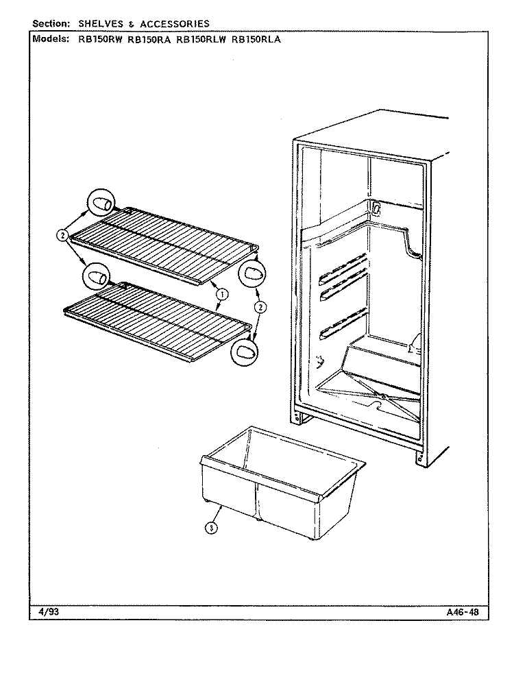 SHELVES & ACCESSORIES Diagram and Parts List for RB150RA DG16A Magic Chef Refrigerator