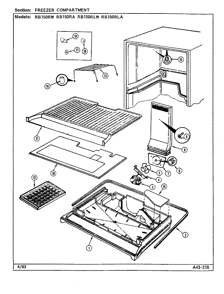 FREEZER COMPARTMENT Diagram and Parts List for RB150RA DG16A Magic Chef Refrigerator