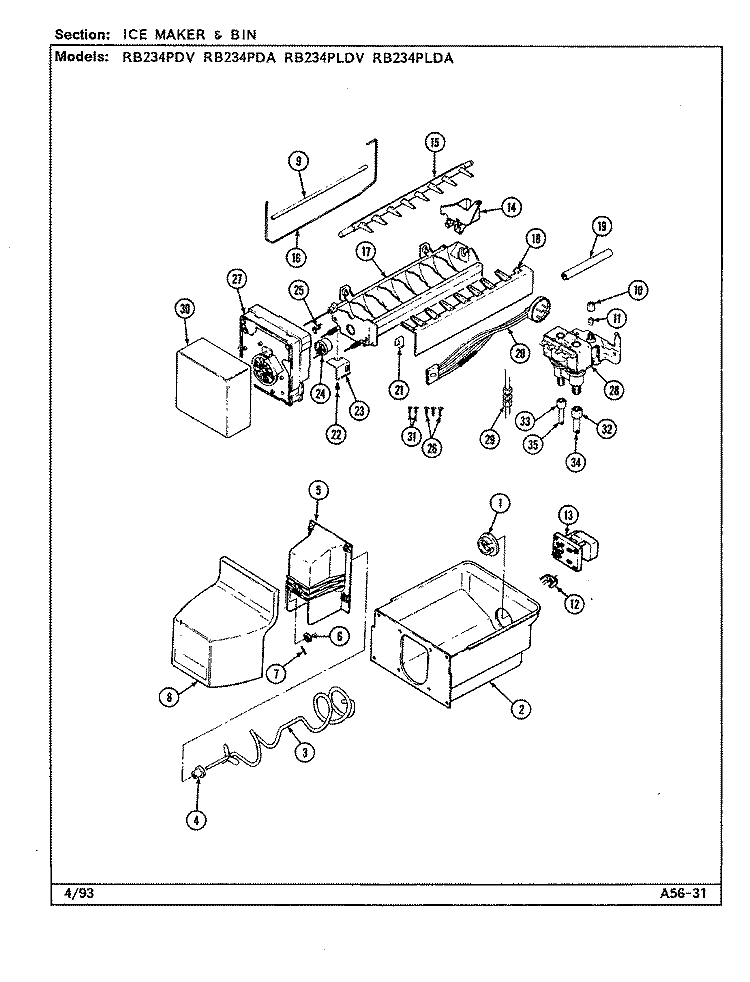 ICE MAKER & BIN Diagram and Parts List for RB234PDA DG98A Admiral Refrigerator