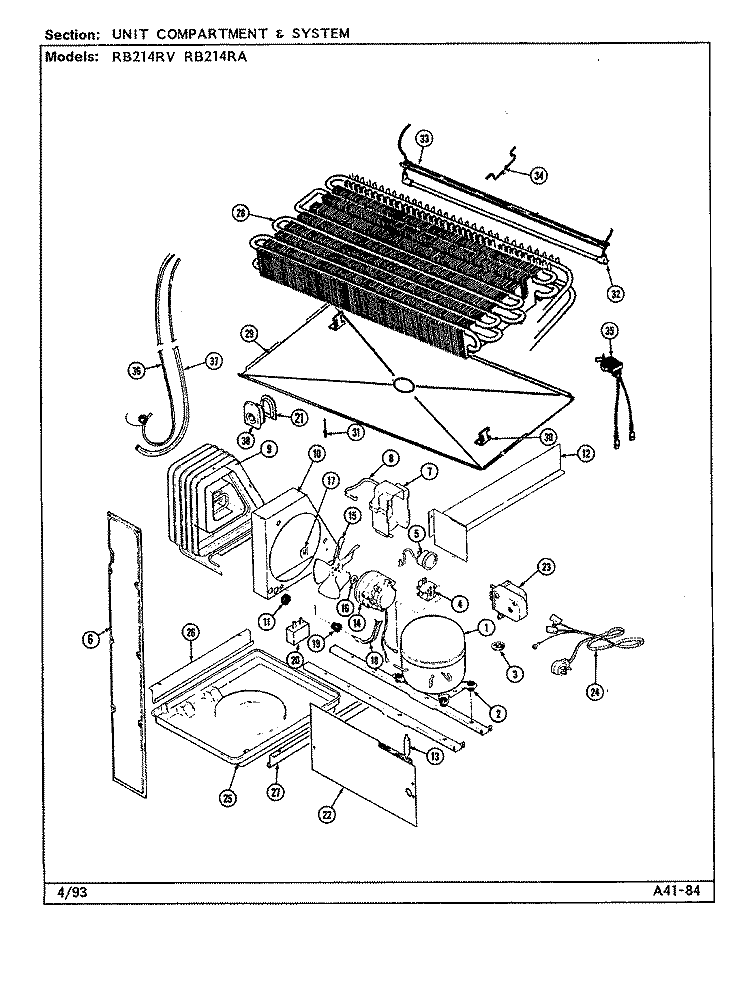 UNIT COMPARTMENT & SYSTEM Diagram and Parts List for RB214RA DG74A Magic Chef Refrigerator