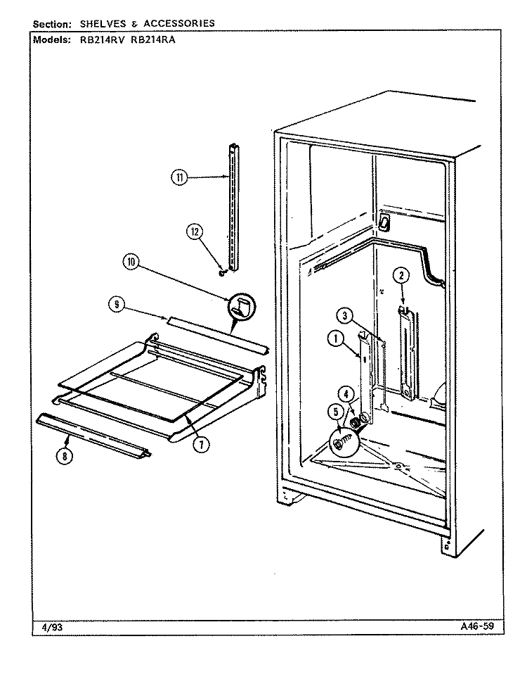 SHELVES & ACCESSORIES Diagram and Parts List for RB214RA DG74A Magic Chef Refrigerator
