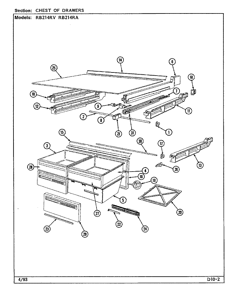 CHEST OF DRAWERS Diagram and Parts List for RB214RA DG74A Magic Chef Refrigerator