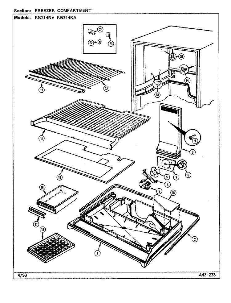 FREEZER COMPARTMENT Diagram and Parts List for RB214RA DG74A Magic Chef Refrigerator