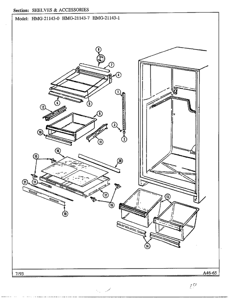 Shelves And Accessories Diagram and Parts List for 21143-0A  Admiral Refrigerator
