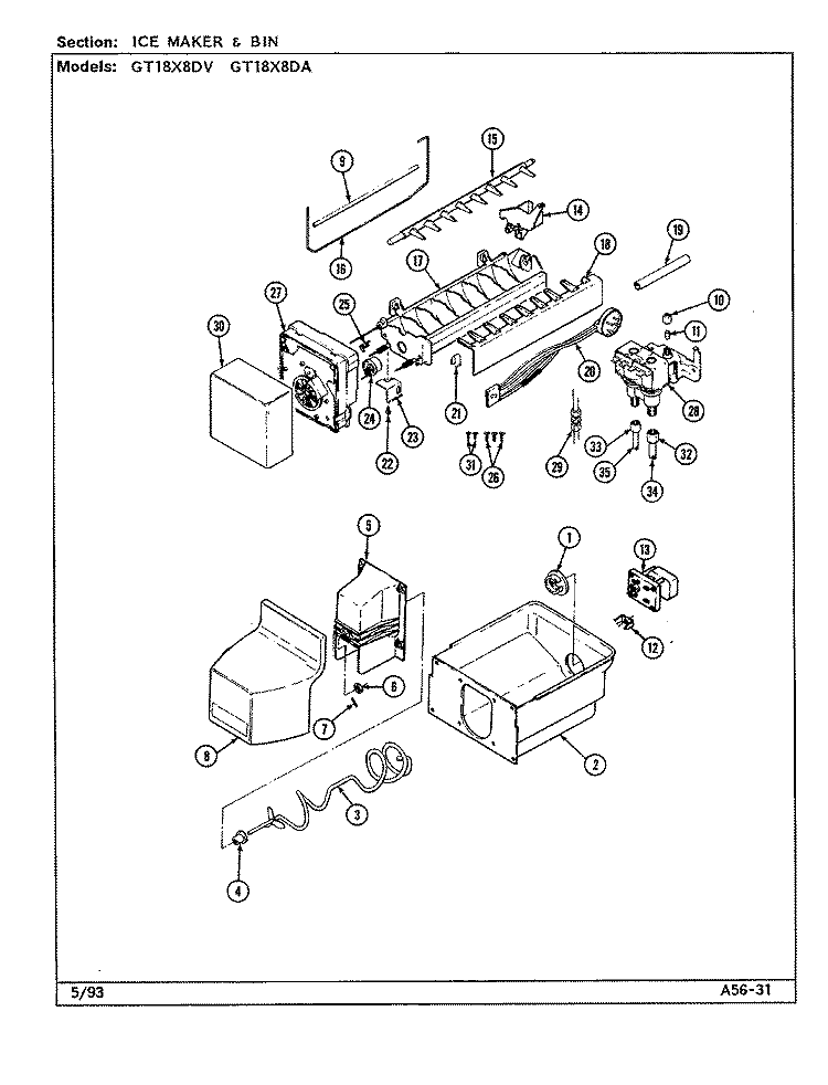 ICE MAKER & BIN Diagram and Parts List for GT18X8DA DC45A Admiral Refrigerator