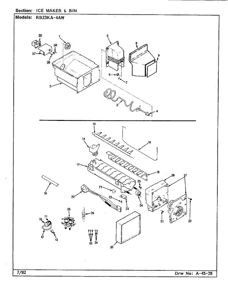 ICE MAKER & BIN Diagram and Parts List for RB23KA-4AW BG98C Admiral Refrigerator