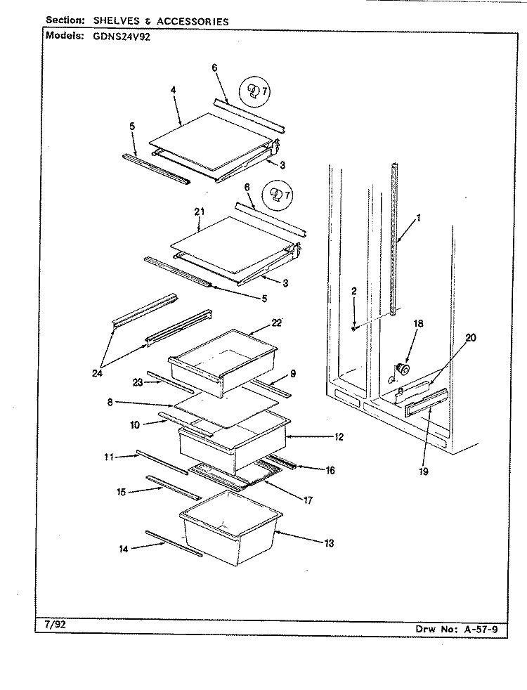 SHELVES & ACCESSORIES Diagram and Parts List for GDNS24V92 CP83A Admiral Refrigerator