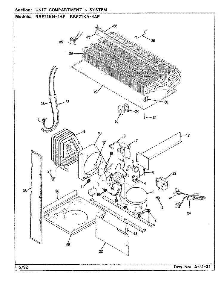 UNIT COMPARTMENT & SYSTEM Diagram and Parts List for RBE21KN4AF CG75A Admiral Refrigerator