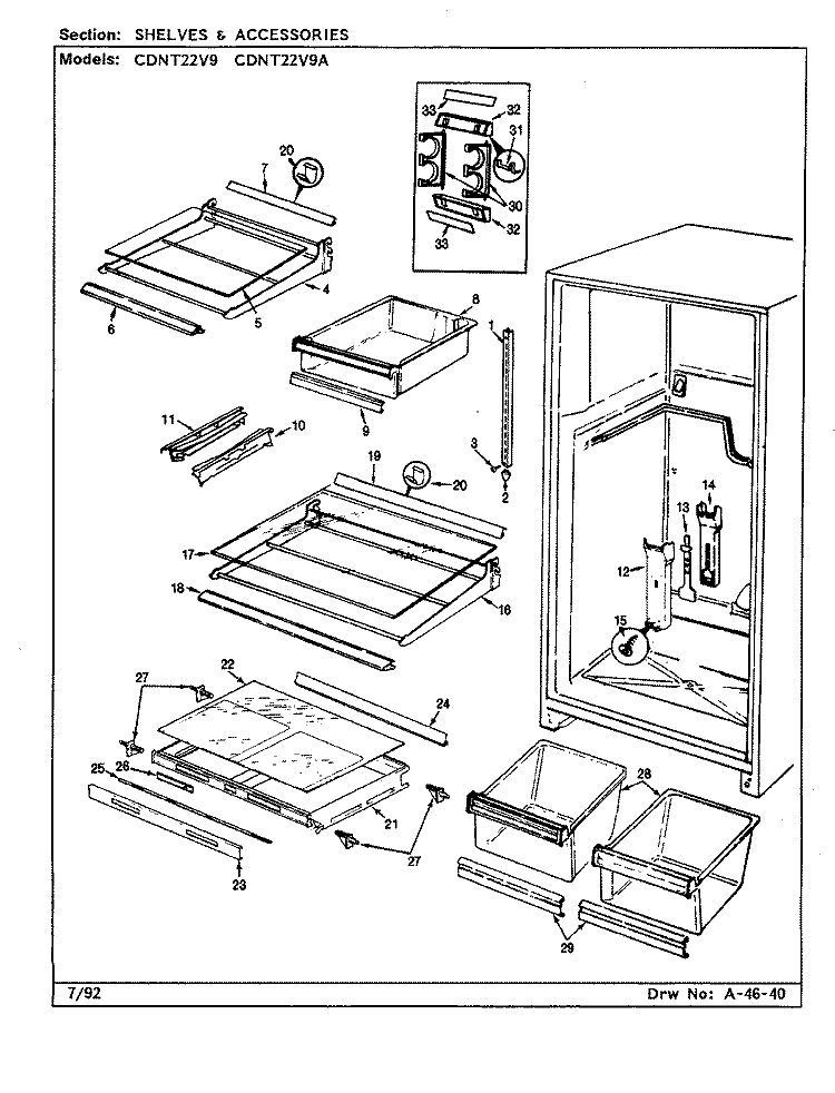 SHELVES & ACCESSORIES Diagram and Parts List for CDNT22V9 AC86A Admiral Refrigerator