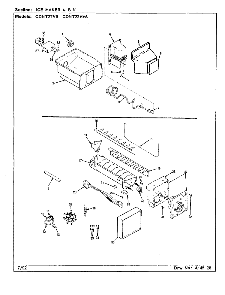 ICE MAKER & BIN Diagram and Parts List for CDNT22V9 AC86A Admiral Refrigerator