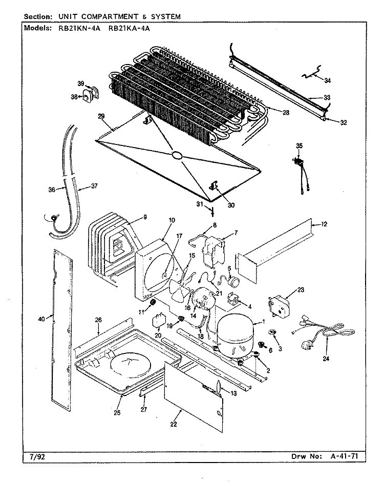 UNIT COMPARTMENT & SYSTEM Diagram and Parts List for RB21KA-4A CG83A Magic Chef Refrigerator