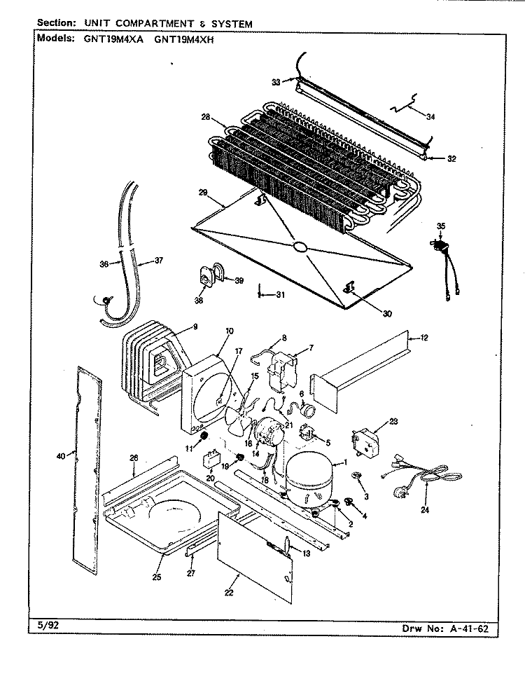 UNIT COMPARTMENT & SYSTEM Diagram and Parts List for GNT19M4XA CL62A Admiral Refrigerator