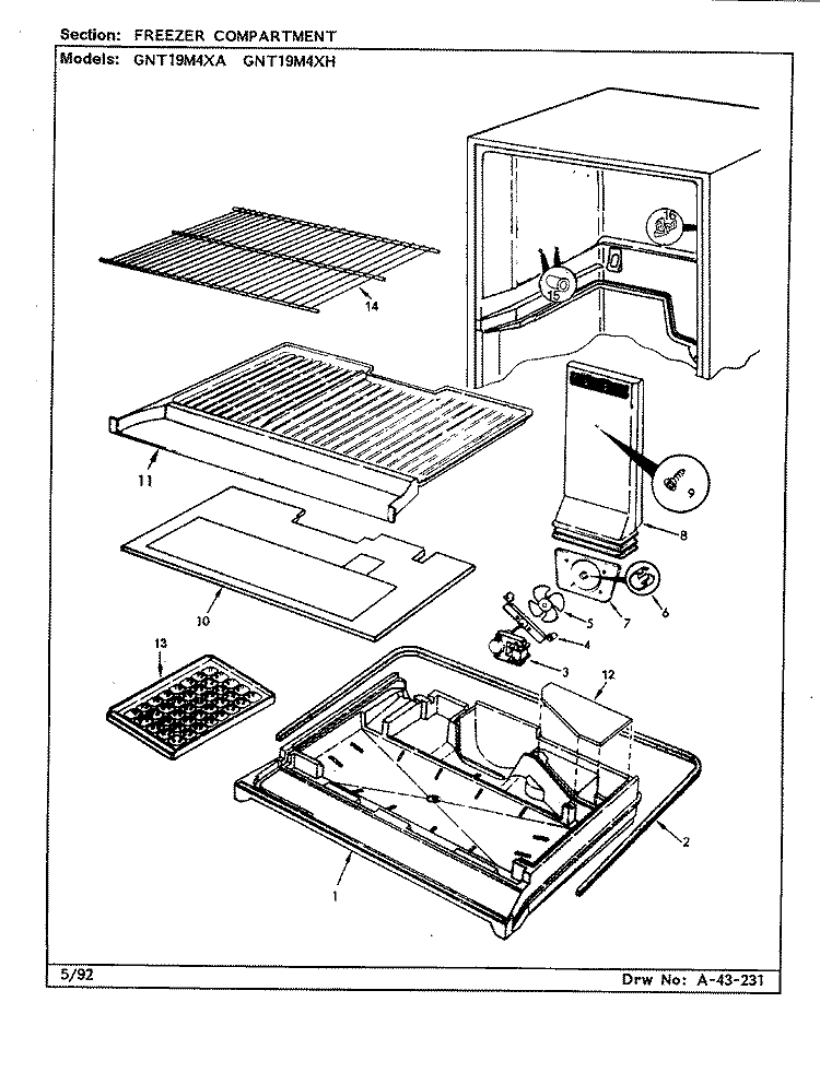 FREEZER COMPARTMENT Diagram and Parts List for GNT19M4XA CL62A Admiral Refrigerator
