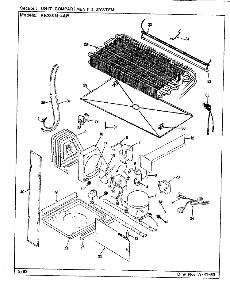 UNIT COMPARTMENT Diagram and Parts List for RB23KN-4AW CG97A Admiral Refrigerator