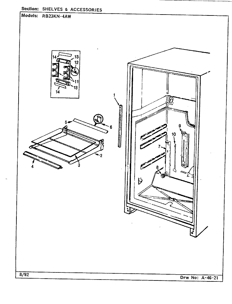SHELVES & ACCESSORIES Diagram and Parts List for RB23KN-4AW CG97A Admiral Refrigerator