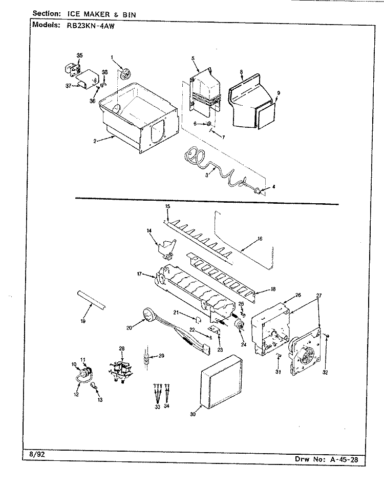 ICE MAKER & BIN Diagram and Parts List for RB23KN-4AW CG97A Admiral Refrigerator