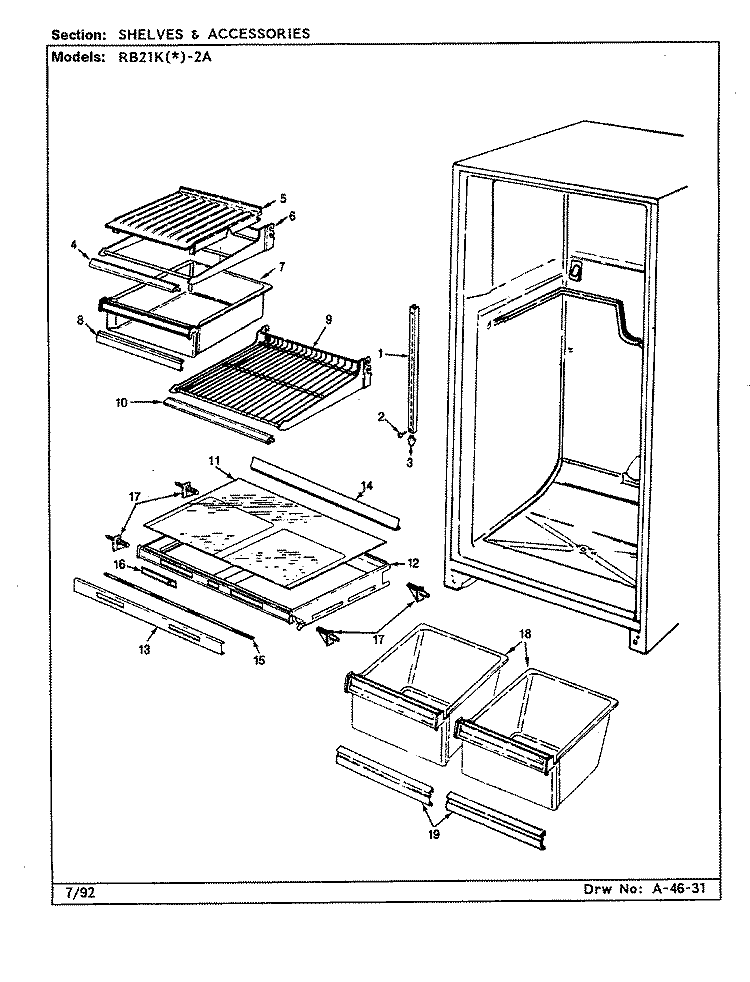 SHELVES & ACCESSORIES Diagram and Parts List for RB21KN-2A CG80A Amana Refrigerator