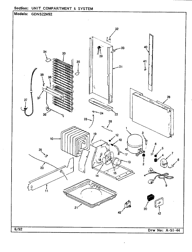 UNIT COMPARTMENT & SYSTEM Diagram and Parts List for GDNS22M92 CP33A Admiral Refrigerator
