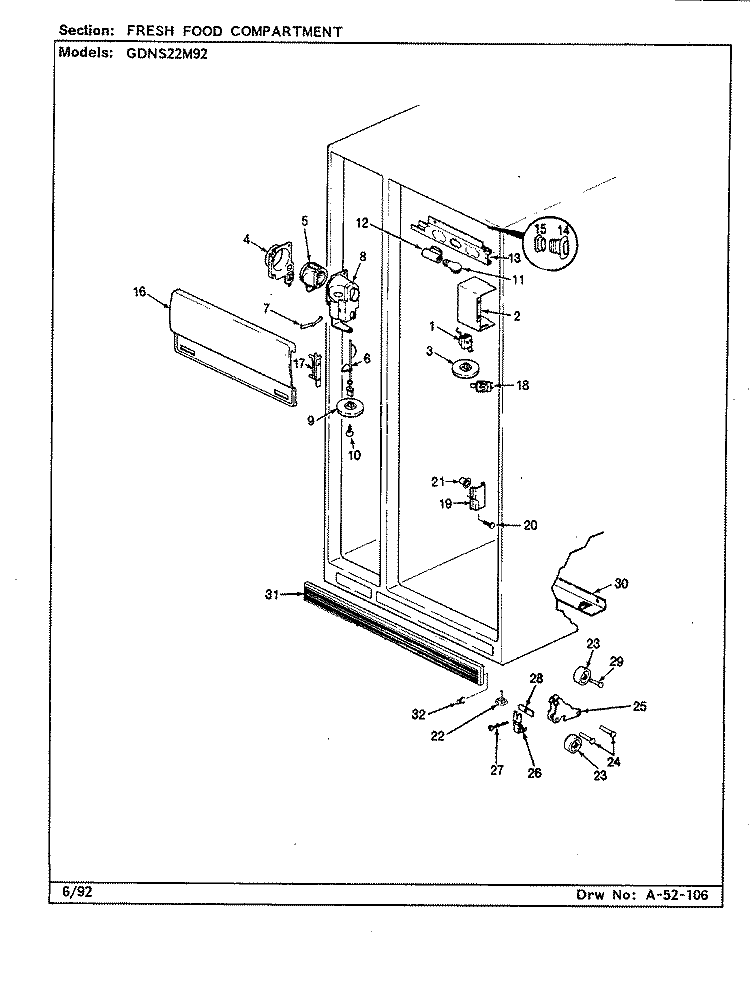 FRESH FOOD COMPARTMENT Diagram and Parts List for GDNS22M92 CP33A Admiral Refrigerator