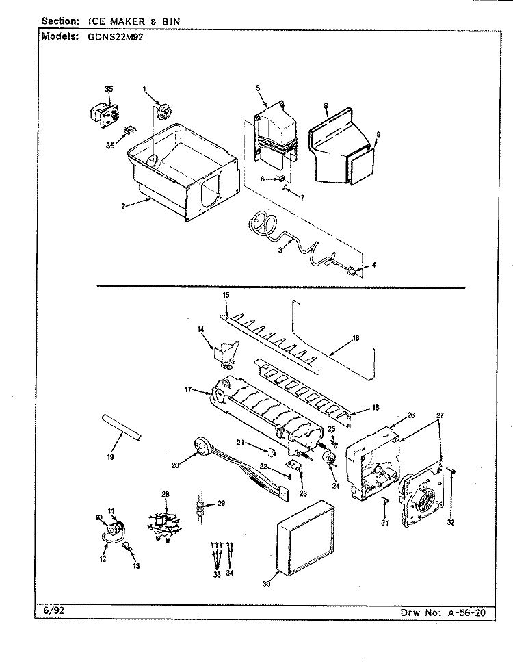 ICE MAKER & BIN Diagram and Parts List for GDNS22M92 CP33A Admiral Refrigerator