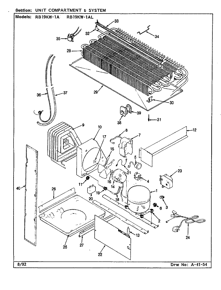 UNIT COMPARTMENT & SYSTEM Diagram and Parts List for RB19KW-1AL CG54A Admiral Refrigerator