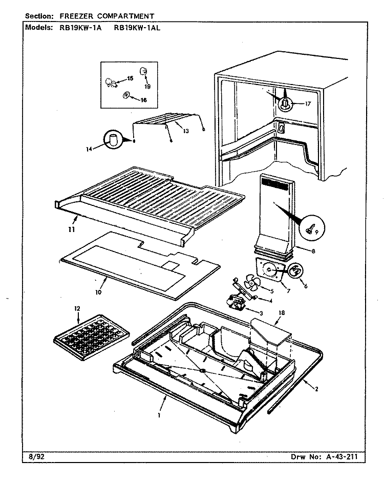 FREEZER COMPARTMENT Diagram and Parts List for RB19KW-1AL CG54A Admiral Refrigerator