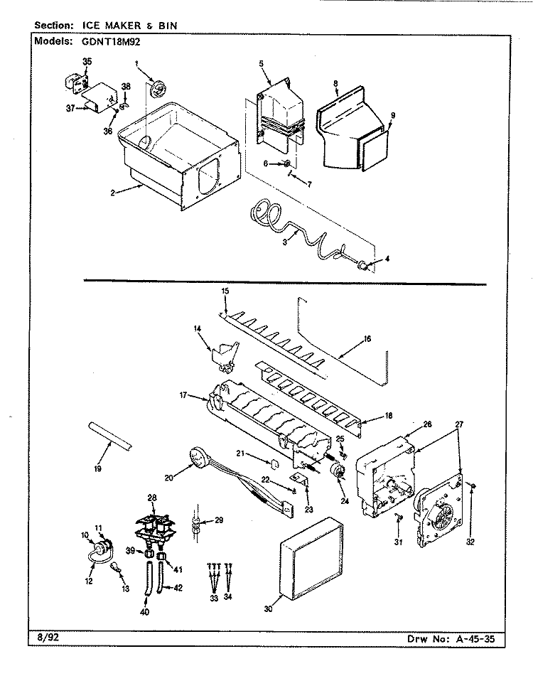 ICE MAKER & BIN Diagram and Parts List for GDNT18M92 CF45B Admiral Refrigerator