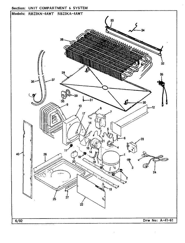 UNIT COMPARTMENT & SYSTEM Diagram and Parts List for RB23KA4AWT CL82A Admiral Refrigerator