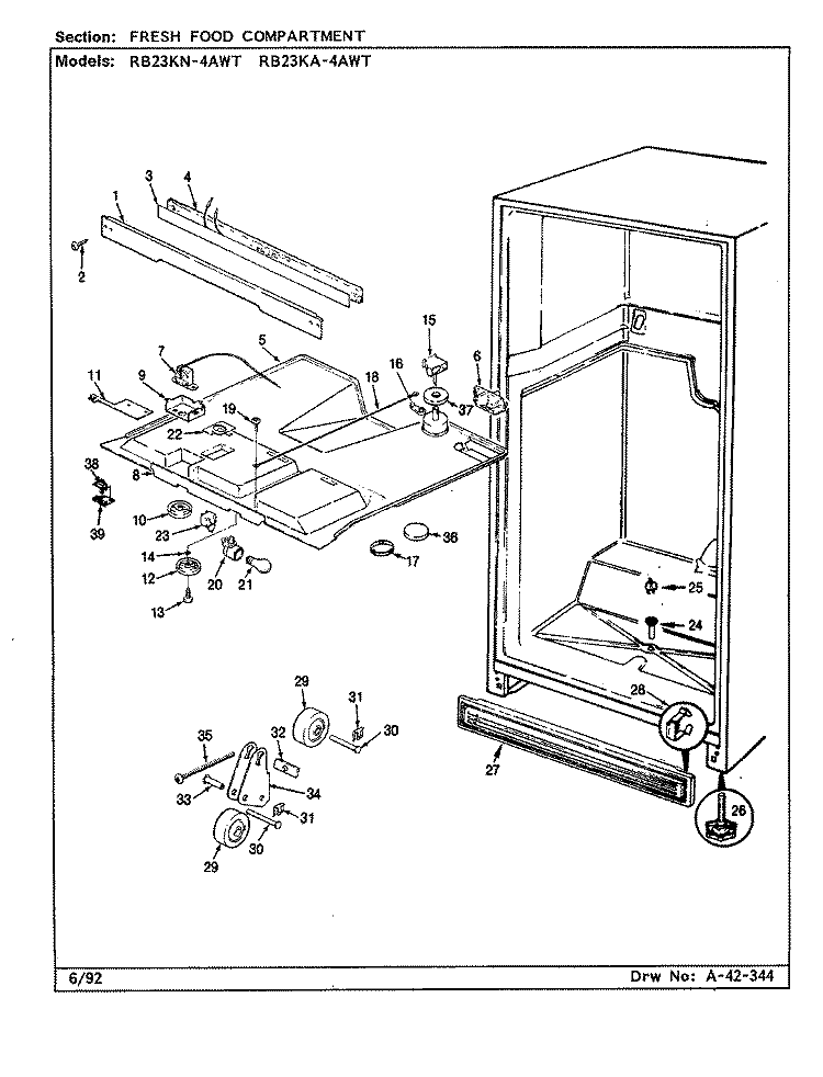 FRESH FOOD COMPARTMENT Diagram and Parts List for RB23KA4AWT CL82A Admiral Refrigerator