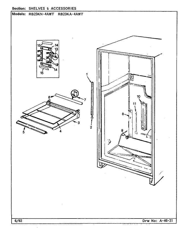 SHELVES & ACCESSORIES Diagram and Parts List for RB23KA4AWT CL82A Admiral Refrigerator