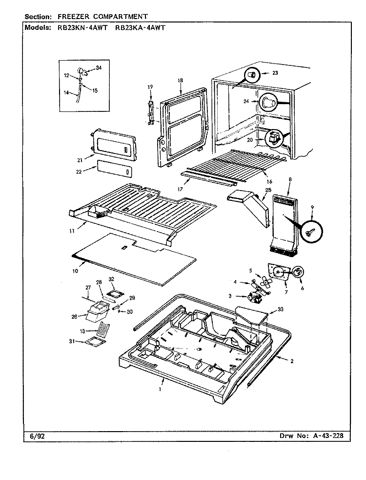 FREEZER COMPARTMENT Diagram and Parts List for RB23KA4AWT CL82A Admiral Refrigerator