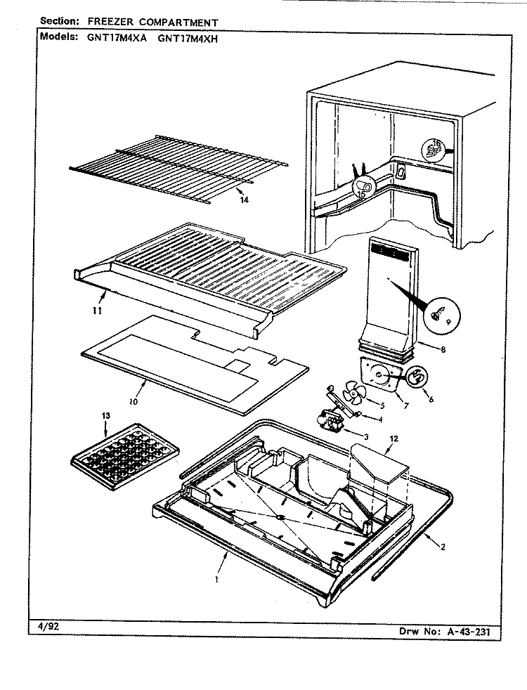 FREEZER COMPARTMENT Diagram and Parts List for GNT17M4XA CF22A Admiral Refrigerator