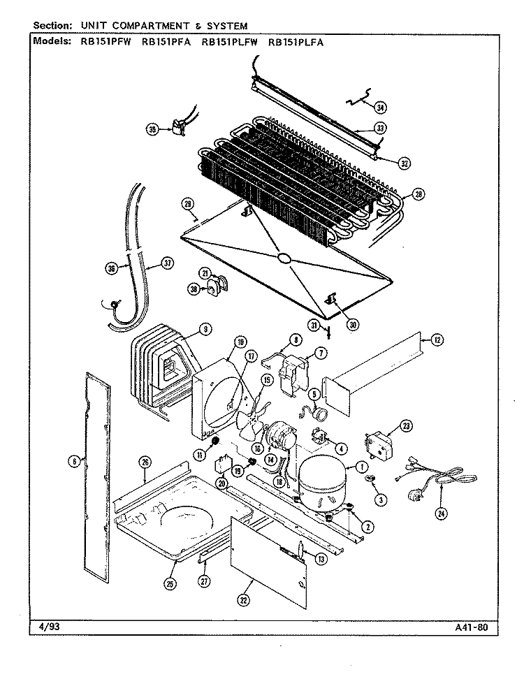UNIT COMPARTMENT & SYSTEM Diagram and Parts List for RB151PFW DG11A Magic Chef Refrigerator