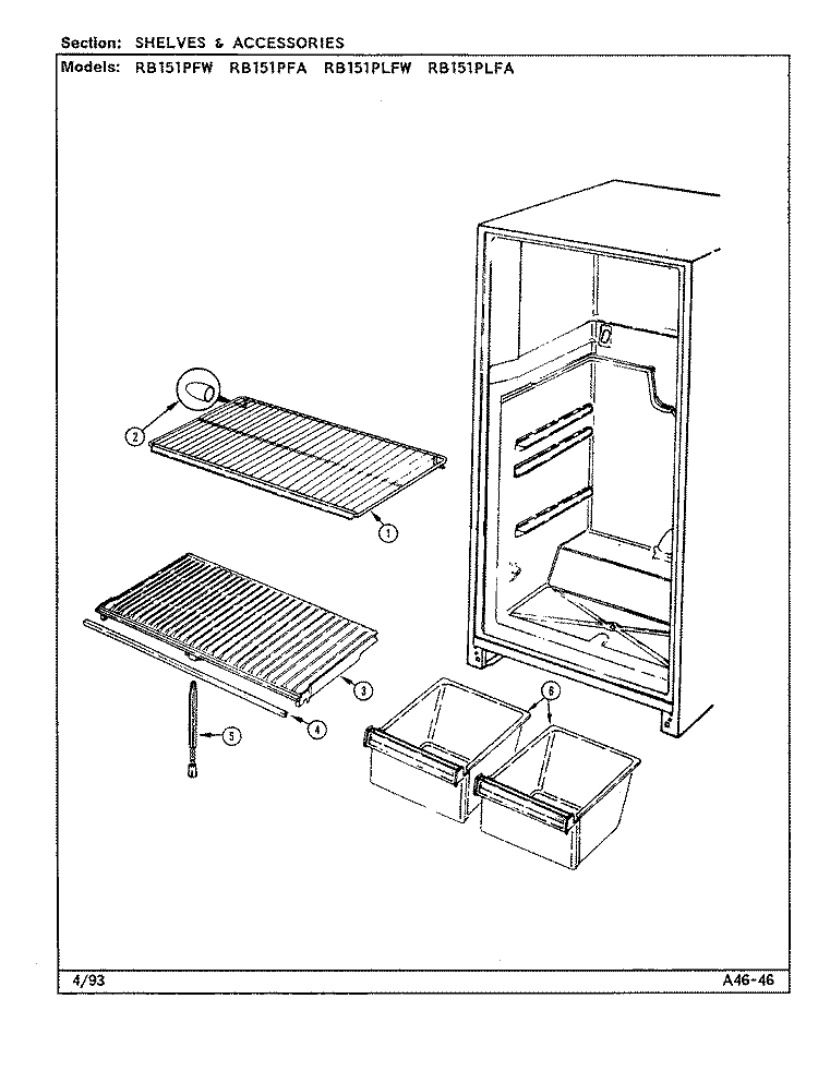 SHELVES & ACCESSORIES Diagram and Parts List for RB151PFW DG11A Magic Chef Refrigerator