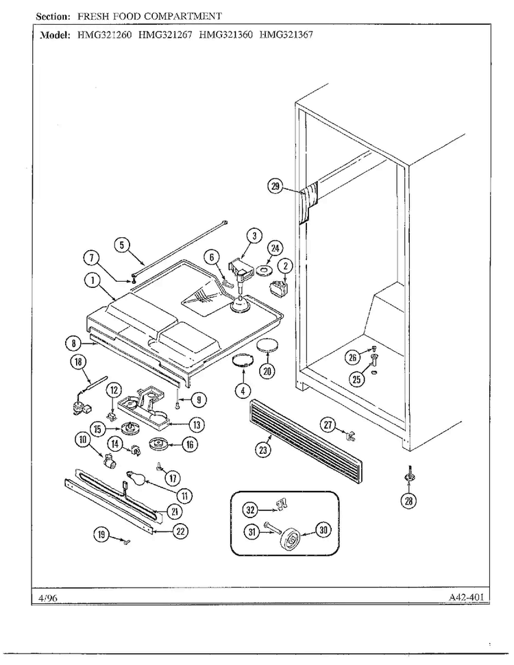 Fresh Food Compartment Diagram and Parts List for HMG321267  Admiral Refrigerator