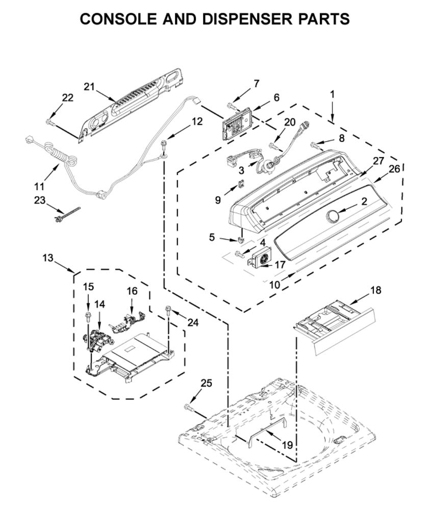 Console And Dispenser Parts Diagram and Parts List for MVWB765FC3  Maytag Washer
