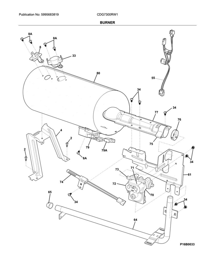 Burner Diagram and Parts List for CDG7300RW1  Crosley Dryer