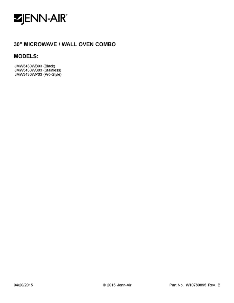Cover Sheet Diagram and Parts List for JMW3430WB03  Jenn-Air Microwave