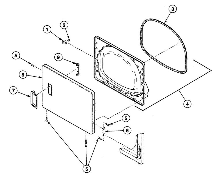 Door Assy Diagram and Parts List for SSE707QF  Speed Queen Dryer