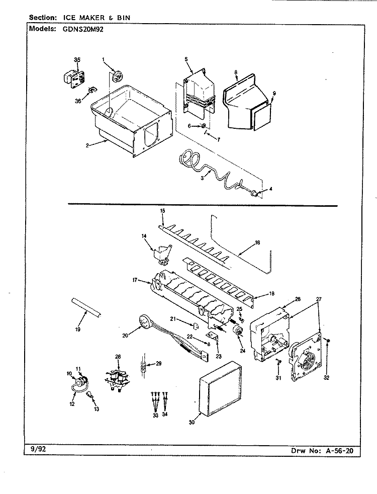 ICE MAKER & BIN Diagram and Parts List for GDNS20M92 CP10A Admiral Refrigerator
