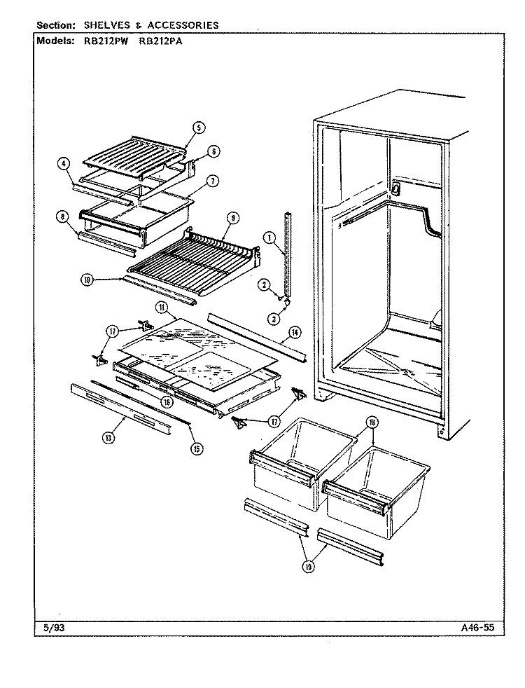 SHELVES & ACCESSORIES Diagram and Parts List for RB212PW DD75A Magic Chef Refrigerator